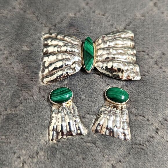 Vintage 70's Sterling Silver & Malachite Brooche w/ Earrings (plz read descrp) - Picture 8 of 13